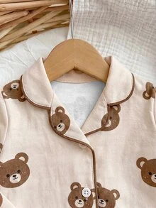 SHEIN 可愛新生男嬰鈕扣式小熊印花長袖上衣與長褲套裝，柔軟舒適睡衣套裝，中性色 - 白色 - 查看 4
