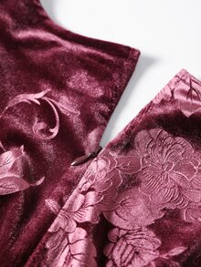 Velvienne Plus Size Autumn/Winter Purple Embossed Elegant High-End Ruffled V-Neck Ruched Waist Lace Long Sleeve Dress Fall - Purple - View 4