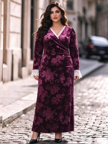Velvienne Plus Size Autumn/Winter Purple Embossed Elegant High-End Ruffled V-Neck Ruched Waist Lace Long Sleeve Dress Fall - Purple - View 1