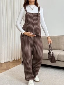 SHEIN Maternity Minimalist Striped Colorblock Jumpsuit - Brown - View 6