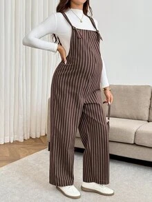 SHEIN Maternity Minimalist Striped Colorblock Jumpsuit - Brown - View 5
