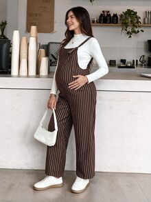 SHEIN Maternity Minimalist Striped Colorblock Jumpsuit - Brown - View 10