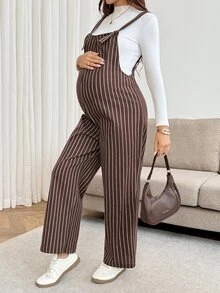 SHEIN Maternity Minimalist Striped Colorblock Jumpsuit - Brown - View 3