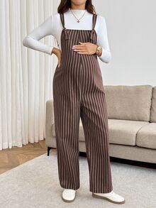 SHEIN Maternity Minimalist Striped Colorblock Jumpsuit - Brown - View 8