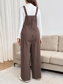 SHEIN Maternity Minimalist Striped Colorblock Jumpsuit - Brown - View 4