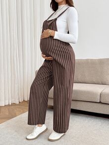 SHEIN Maternity Minimalist Striped Colorblock Jumpsuit - Brown - View 9