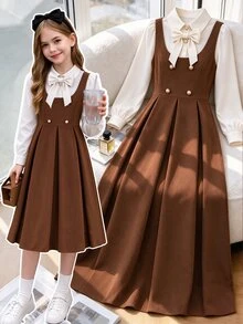 SHEIN 青少年女孩秋季聖誕派對校服洋裝，米白色深棕色翻領燈芯絨洋裝，優雅高貴學院風復古制服 - 棕色 - 查看 3