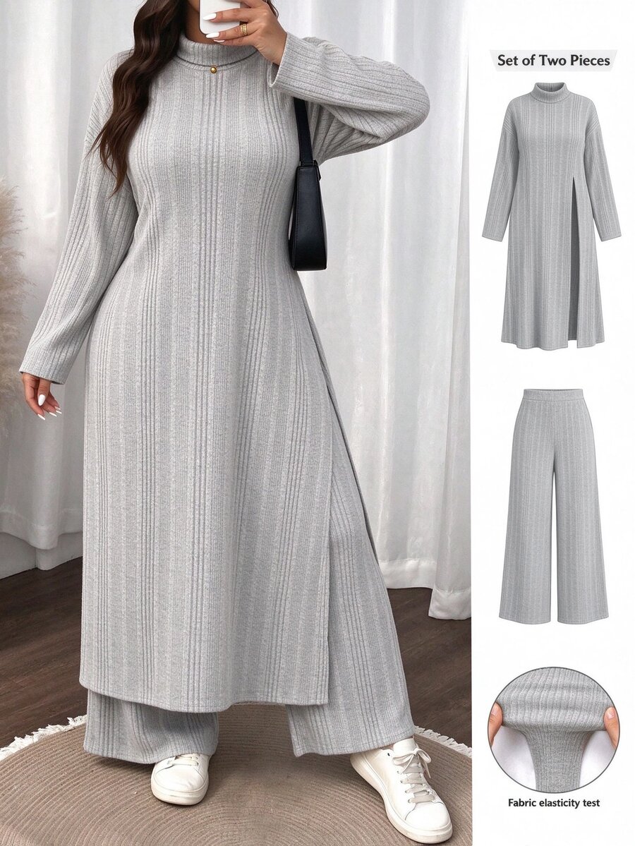SHEIN LUNE CURVE 大尺碼女款秋冬純色毛絨立領套頭長開衩休閒上衣 + 彈性腰修身顯瘦內搭褲 2件套 - 深灰色 - 查看 1