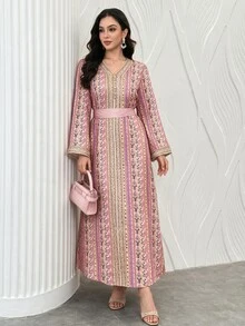 Al Najma 女士优雅V领长袖腰果图案阿拉伯风格连衣裙 - 彩色 - 查看 1