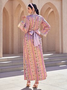Al Najma 女士优雅V领长袖腰果图案阿拉伯风格连衣裙 - 彩色 - 查看 3