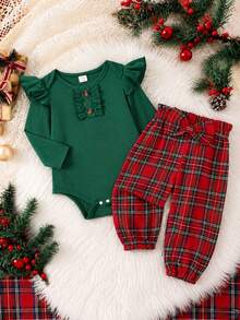 SHEIN Vintaside Kids 2pcs Baby Girl Spring/Autumn SweetSet, Red Vertical Ribbed Flutter Sleeve Long Sleeve Bodysuit With Buttons And Ruffle Trim, Paired With Plaid - Multicolor - View 4