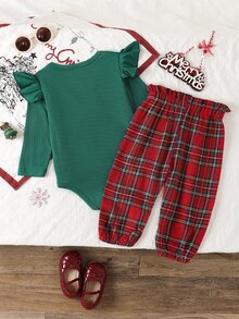 SHEIN Vintaside Kids 2pcs Baby Girl Spring/Autumn SweetSet, Red Vertical Ribbed Flutter Sleeve Long Sleeve Bodysuit With Buttons And Ruffle Trim, Paired With Plaid - Multicolor - View 2