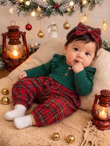 SHEIN Vintaside Kids 2pcs Baby Girl Spring/Autumn SweetSet, Red Vertical Ribbed Flutter Sleeve Long Sleeve Bodysuit With Buttons And Ruffle Trim, Paired With Plaid - Multicolor - View 5
