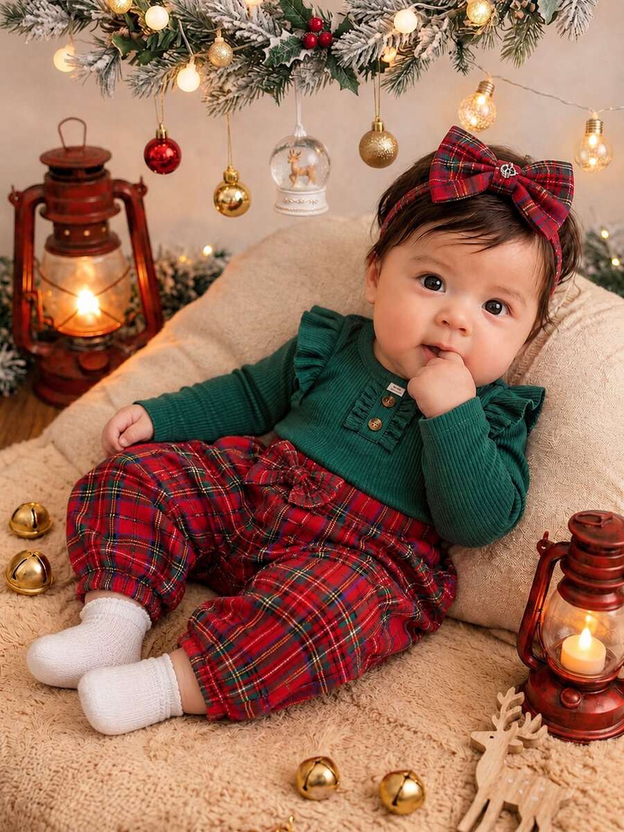 SHEIN 2件組幼兒女嬰連身衣 可愛綠紅黑格紋針織長袖圓領標準版型荷葉邊保暖款 適合假日與日常 秋冬女嬰女童穿著 - 彩色 - 查看 1