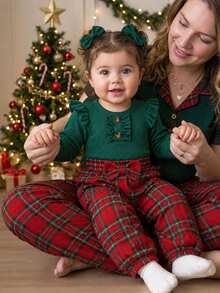 SHEIN Vintaside Kids 2pcs Baby Girl Spring/Autumn SweetSet, Red Vertical Ribbed Flutter Sleeve Long Sleeve Bodysuit With Buttons And Ruffle Trim, Paired With Plaid - Multicolor - View 1