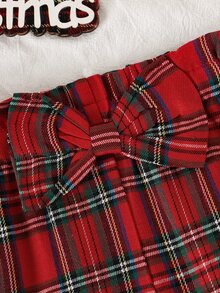 SHEIN Vintaside Kids 2pcs Baby Girl Spring/Autumn SweetSet, Red Vertical Ribbed Flutter Sleeve Long Sleeve Bodysuit With Buttons And Ruffle Trim, Paired With Plaid - Multicolor - View 8