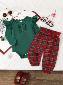 SHEIN Vintaside Kids 2pcs Baby Girl Spring/Autumn SweetSet, Red Vertical Ribbed Flutter Sleeve Long Sleeve Bodysuit With Buttons And Ruffle Trim, Paired With Plaid - Multicolor - View 3