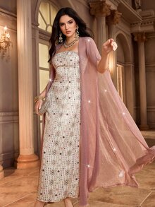 Al Najma Women's Shiny Mesh Robe And Geometric Print Bandeau Dress Set Party Wear Dresses For Women Evening Luxury Strapless - Pink - View 7
