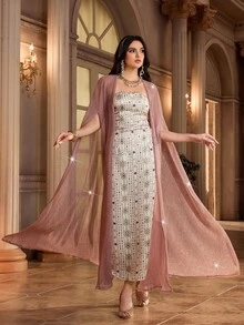 Al Najma Women's Shiny Mesh Robe And Geometric Print Bandeau Dress Set Party Wear Dresses For Women Evening Luxury Strapless - Pink - View 8