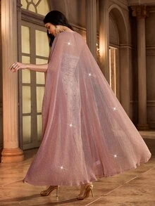 Al Najma Women's Shiny Mesh Robe And Geometric Print Bandeau Dress Set Party Wear Dresses For Women Evening Luxury Strapless - Pink - View 4