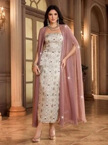 Al Najma Women's Shiny Mesh Robe And Geometric Print Bandeau Dress Set Party Wear Dresses For Women Evening Luxury Strapless - Pink - View 6