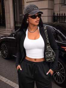 BamGleam 立領拉鍊短版上衣，修身顯瘦長袖短腰針織運動衫，運動休閒百搭 - 黑色 - 查看 6