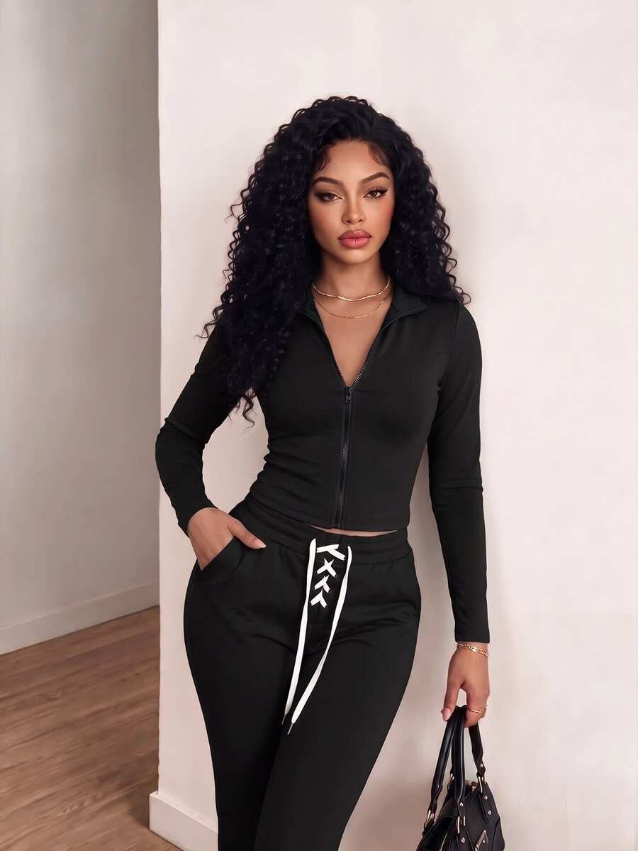 BamGleam Stand Collar Zipper Crop Top, Slim Fit Flattering Long Sleeve Cropped Waist Knit Sweatshirt, Sporty Versatile - Black - View 1