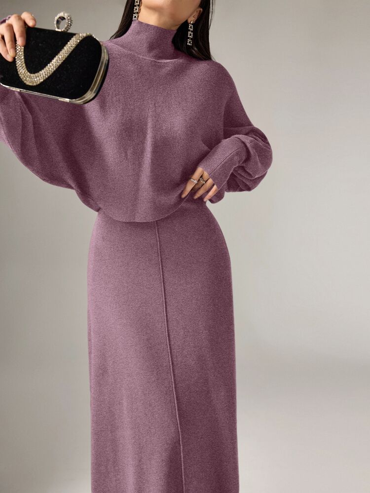 Modelyn 2pcs/Set Women Casual Minimalist Elegant Turtleneck Batwing Sleeve Sweater & Dress, Autumn/Winter 2 Pieces Set - Purple - View 6
