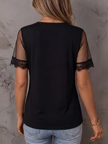 SHEIN LUNE 女款優雅休閒網紗拼接二合一黑色上衣 - 黑色 - 查看 2