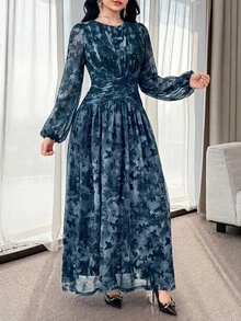 Feyla Butterfly Ruched Waist Slim Fit Unique Dress - Blue - View 6