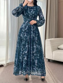 Feyla Butterfly Ruched Waist Slim Fit Unique Dress - Blue - View 5