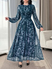 Feyla Butterfly Ruched Waist Slim Fit Unique Dress - Blue - View 2