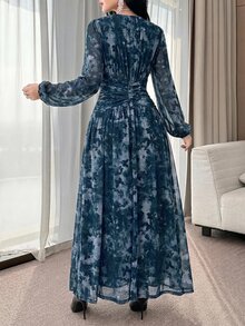 Feyla Butterfly Ruched Waist Slim Fit Unique Dress - Blue - View 7