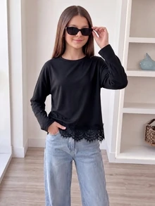 SHEIN 青少年女孩冬季羅紋圓領彈性修身百搭長袖T恤，舒適萬聖節、返校穿搭上衣 - 黑色 - 查看 3