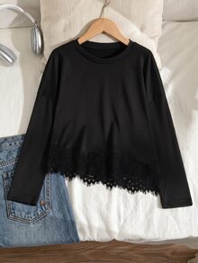 SHEIN 青少年女孩冬季羅紋圓領彈性修身百搭長袖T恤，舒適萬聖節、返校穿搭上衣 - 黑色 - 查看 5