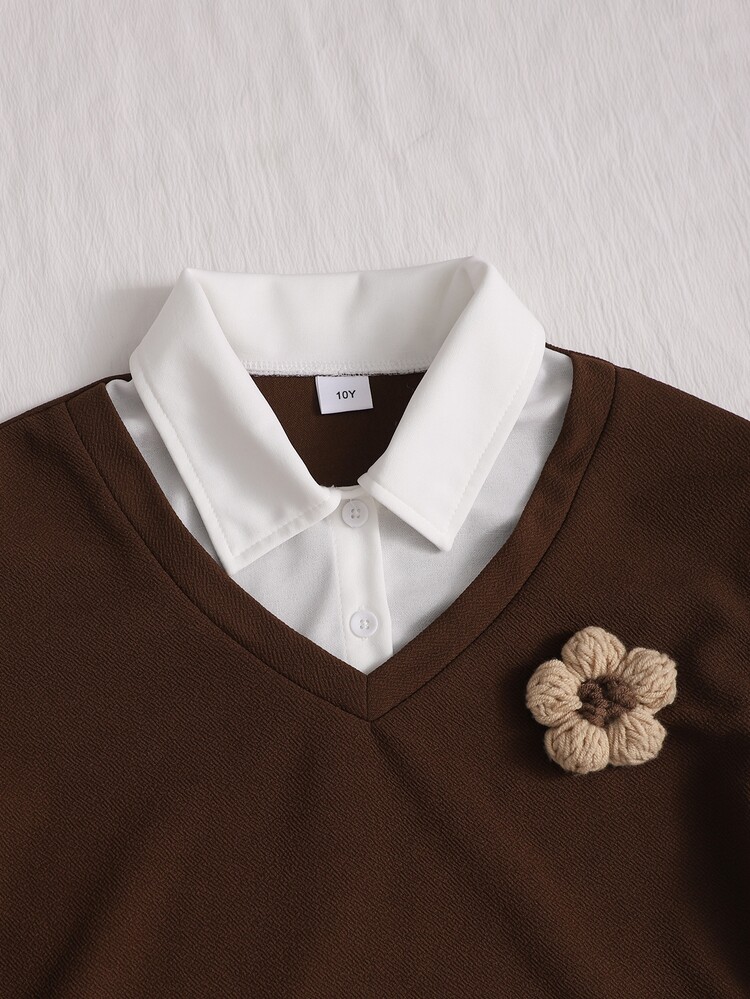 Setelan Kemeja & Celana Panjang Lebar 2 in 1 Gaya Preppy Retro Maillard Musim Gugur/Dingin untuk Remaja Putri, Pakaian Streetwear - Coklat - View 5