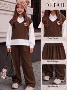 Tween Girls' Fall/ Maillard Retro Casual 80s Preppy Style 3D Floral 2 In 1 Shirt Wide Leg Pants Set, Streetwear Outfit Off Campus School White - Brown - View 1