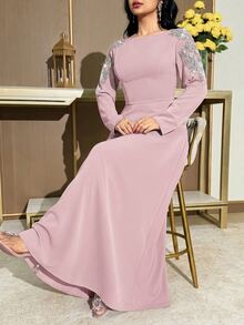 Modelyn Women's Elegant Floral Embroidered Long Sleeve Dress, Versatile For Evening Gala - Dusty Pink - View 7