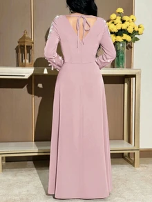 Modelyn Women's Elegant Floral Embroidered Long Sleeve Dress, Versatile For Evening Gala - Dusty Pink - View 6