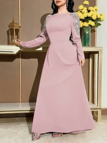 Modelyn Women's Elegant Floral Embroidered Long Sleeve Dress, Versatile For Evening Gala - Dusty Pink - View 4