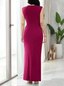 Feyla New Shoulder Pad Waist Pleat Slimming Design Metal Chain Decor Elegant Banquet Dinner Cocktail Dress Summer New Year - Hot Pink - View 8