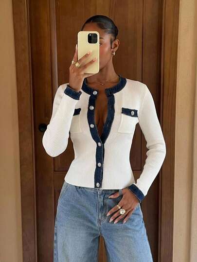 Lumalex Women's Elegant French Casual Commute Brunch Contrasting Color Fringe Half-Placket Summer Long Sleeves Ribbed Autumn Winter Office Navy Blue And White