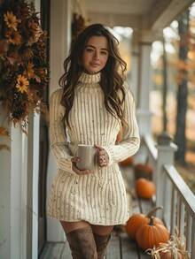 SHEIN Fall Winter Turtleneck Speckled Knit Dress, Slim Fit Ruffle Hem Short Sweater Dress - Apricot - View 6