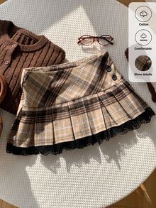 Comfortcana Fall Back To School Preppy Vintage 70s Brown Plaid Pleated Skirt For Campus Daily Wear With Contrast Lace Trim Everyday, - Khaki - View 2