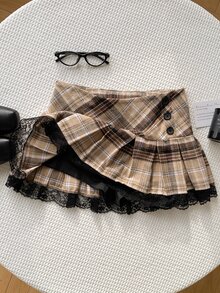 Comfortcana Fall Back To School Preppy Vintage 70s Brown Plaid Pleated Skirt For Campus Daily Wear With Contrast Lace Trim Everyday, - Khaki - View 4
