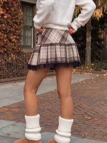 Comfortcana Fall Back To School Preppy Vintage 70s Brown Plaid Pleated Skirt For Campus Daily Wear With Contrast Lace Trim Everyday, - Khaki - View 3