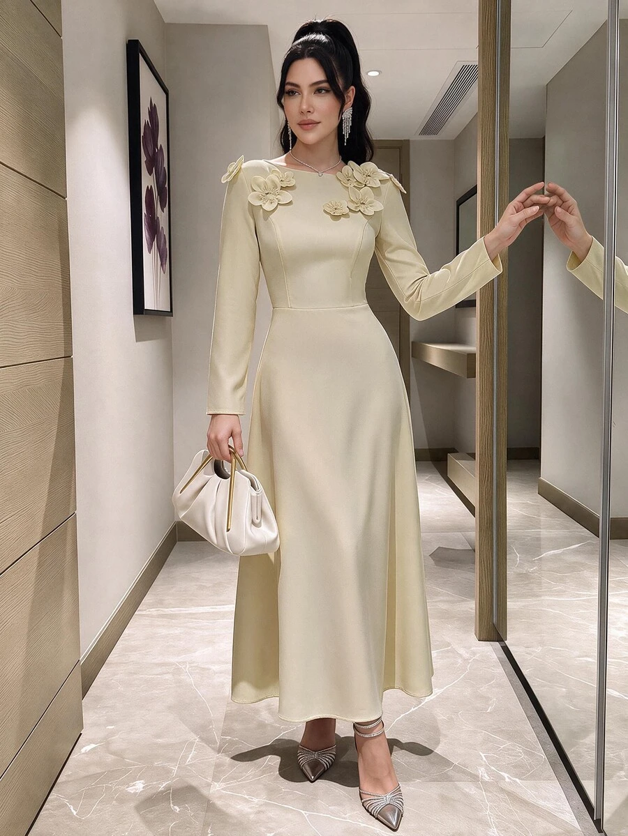 Modelyn 女式纯色圆领插肩袖花卉装饰连衣裙 - 淡黃色 - 查看 1