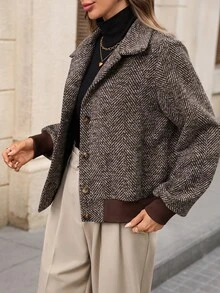 EMERY ROSE Women's Long Sleeve Stand Collar Button Front Contrast Trim Elegant Autumn/Winter Jacket Autumn Clothes For Women Halloween Costume For Women - Brown - View 10