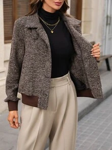 EMERY ROSE Women's Long Sleeve Stand Collar Button Front Contrast Trim Elegant Autumn/Winter Jacket Autumn Clothes For Women Halloween Costume For Women - Brown - View 12