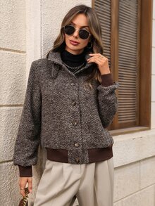 EMERY ROSE Women's Long Sleeve Stand Collar Button Front Contrast Trim Elegant Autumn/Winter Jacket Autumn Clothes For Women Halloween Costume For Women - Brown - View 5